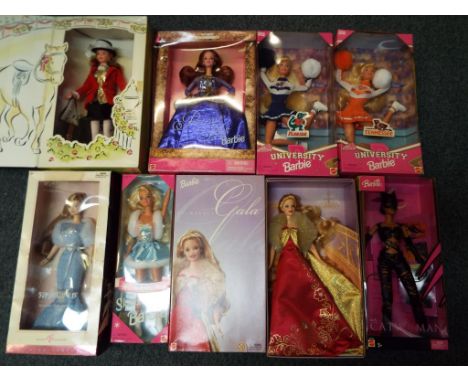 Barbie - eight Barbie dolls to include Portrait in Blue 19355, two University Barbies 17700 and 17554, Glamorous Gala B2722, 