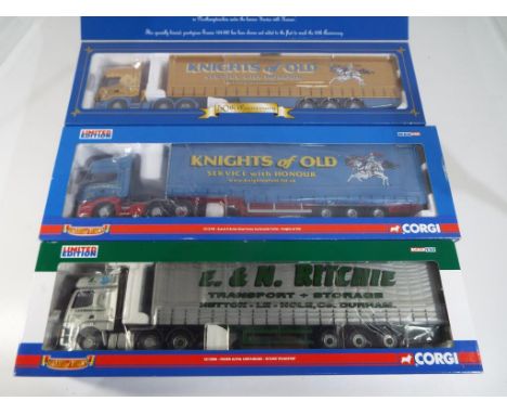 Corgi - three 1:50 scale diecast models comprising 'Knights of Old 50th Anniversary' Scania topline curtainside CC12911,  'Kn