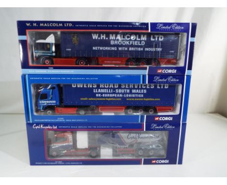 Corgi - three 1:50 scale diecast models comprising W H Malcolm MAN curtainside 75806, Owens Road Services Volvo curtainside C