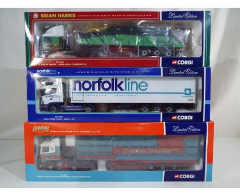 Corgi Corgi - three 1:50 scale diecast models comprising Brian Harris ERF sheeted trailer CC11901,Norfolk Line Scania fridge 