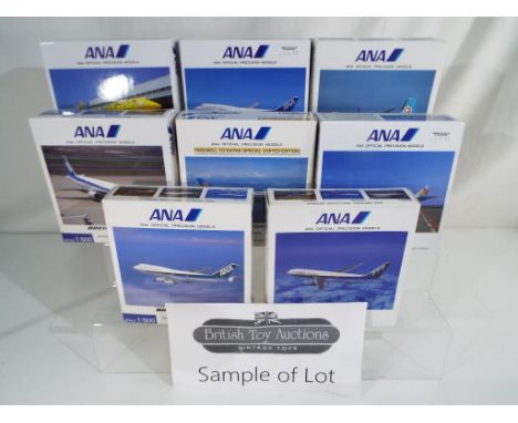 Eleven diecast model airplanes 1:500 scale, all appear mint in box