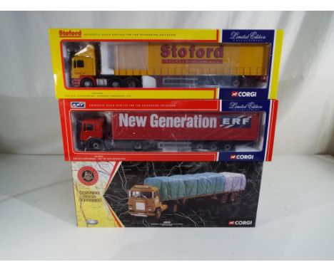 Corgi - three 1:50 scale diecast models comprising Stoford ERF curtainside CC12702, New Generation ERF ECS curtainside CC1270