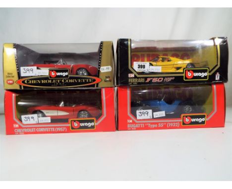 Burago - Four diecast model motor vehicles in 1:24 scale by Burago/Bburago comprising Bugatti Type 55 1932, Chevrolet Corvett