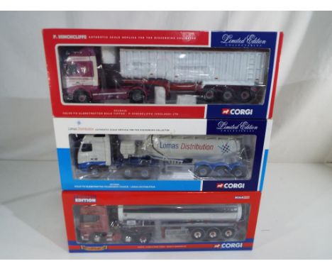 Corgi - three 1:50 scale diecast models comprising Hinchcliffe Volvo bulk tipper CC12415, Lomas Distribution Volvo Globetrott