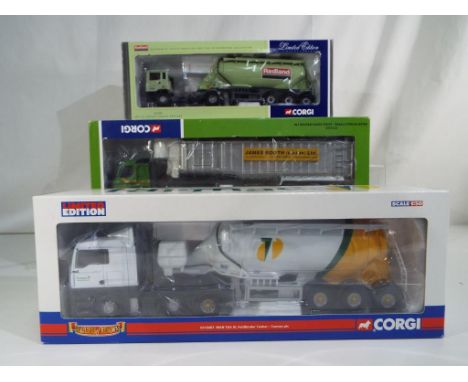 Corgi - three 1:50 scale diecast models comprising Tarmac MAN TGA tanker CC13407, James Booth Volvo FM bulk tipper CC13510 an