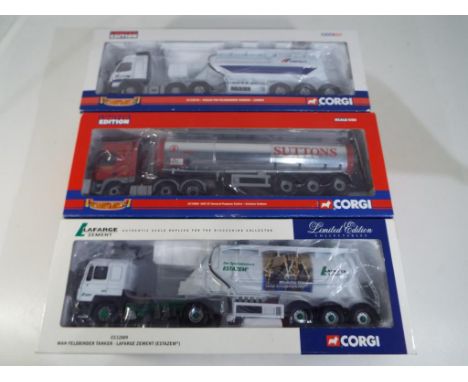 Corgi - three 1:50 scale diecast models comprising  'Lafarge Zement' Man Feldbinder tanker CC12009, 'Suttons' DAF CF general 