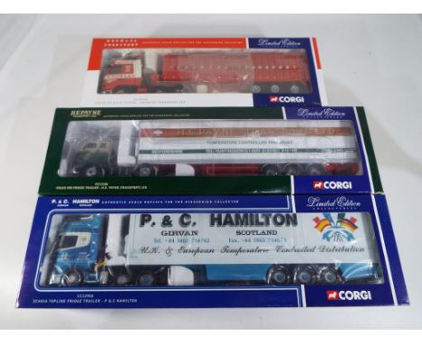 Corgi - three 1:50 scale diecast models comprising 'P & C Hamilton' Scania topline fridge trailer CC12906, 'H E Payne Transpo