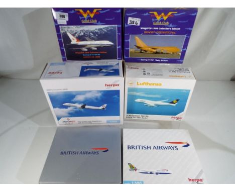 Herpa - five 1:500 scale diecast model airplanes by Herpa Wings and a further British Airways airplane 1:500 scale, all appea