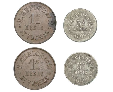 Danish West Indies, CHARLOTTE AMALIE, R. Senior & Co., cupro-nickel 5 Cents, c. 1889, 18.5mm, 1.56g/12h, and copper Cent, c. 