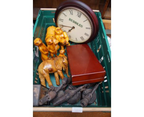 Mixed box to include carved animal, 3 blow lamp &amp; others