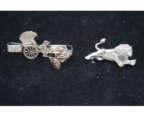 Silver tie pin, silver tragedy comedy ring &amp; silver lion pin brooch 
