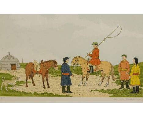 •Vincent Haddelsey (1934-2010). Figure on pony with bull whip with figure leading pony, dog and other figures, artist signed 