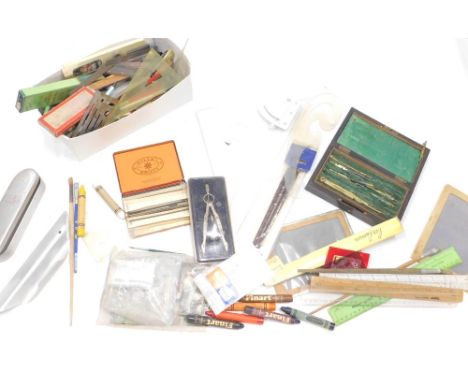 Various geometry items, pens, pencils, implements, etc. part rosewood cased geometry set, small G clamp etc. (a quantity).