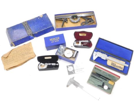 Various scientific instruments and effects, Mercer Dial Gauge, 22cm wide in box, various other geometry items, etc. (a quanti