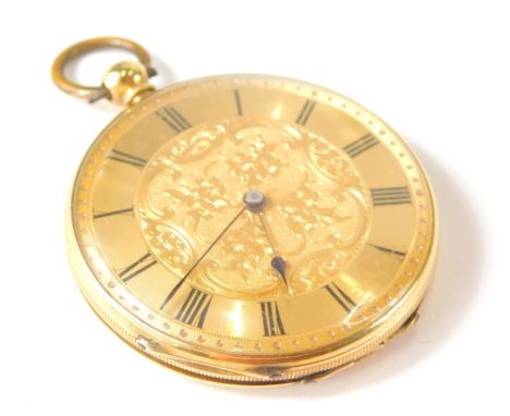 An 18ct gold Continental fob watch, with fancy dial, with Roman numeric chapter ring in engine turned case, with vacant carto