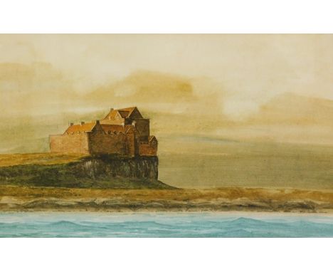 19thC English School. Seascape, calm waters before house on a cliff edge, watercolour, unsigned, 30cm x 51cm.