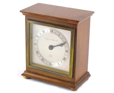 A Mappin and Webb mahogany cased mantel clock, with Elliot movement, silvered, 9cm wide back plate with Roman Numeric chapter