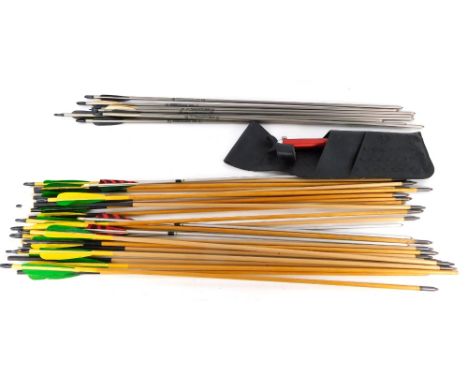 Various arrows, with yellow and green feathering, 84cm high and various super light 2114XX75 arrows. (a quantity)