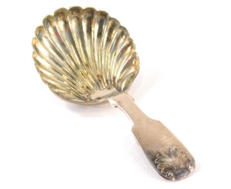 A Victorian silver caddy spoon, shell capped fiddle pattern, shell bowl, Newcastle, 1868, 9cm long.