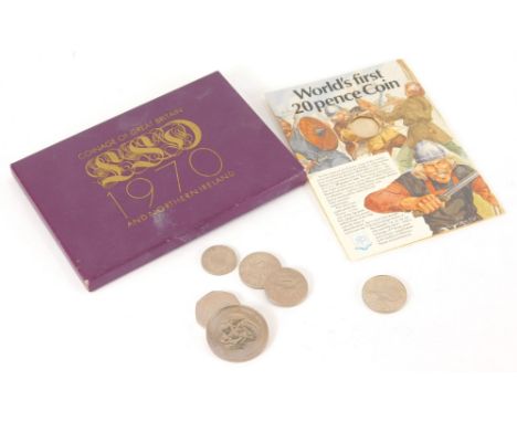 Various coins, World's first 20p on card backing, Christmas 50p, other loose coins and a Coins Of Great Britain set 1970. (a 