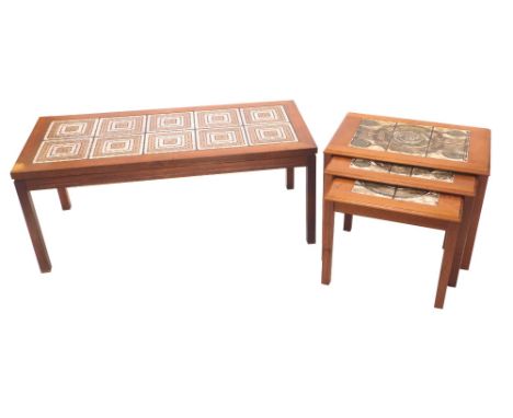 A nest of three Danish style teak occasional tables, each with a Studio tile top, on plain legs, the largest 45cm high, 63cm 