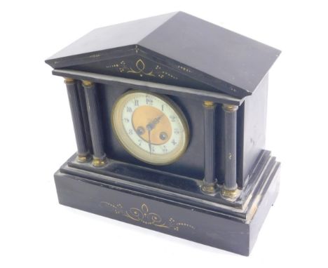 A late 19thC slate and marble mantel clock, of architectural design, the 12cm diameter Arabic dial revealing an 8 day movemen