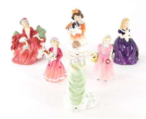 Various Royal Doulton figures, Tinkle Bell, HN1677, printed marks beneath, 11cm high, and various others, Affection, Faithful