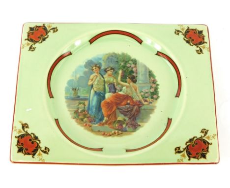 A Clarice Cliff Biarittz plate, with Three Graces transfer printed scene with floral corners, printed Royal Staffordshire mar