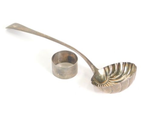 A George III silver ladle, by Richard Crossley, old English pattern, shell bowl, London 1802, 29cm long, 3.7oz. and a plain s