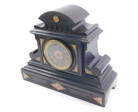 A late 19thC slate and marble mantel clock, in a shaped architectural case, with 12cm diameter, Roman Numeric dial, with marb