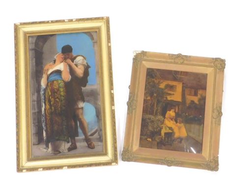 After Vernon. A Late Victorian Crystoleum, showing a lady and child before cottage, 26cm x 19cm, and another classical scene 