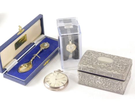 Various jewellery and effects, a silver pocket watch in partial engine turned case with vacant cartouche, an Ingersoll ladies