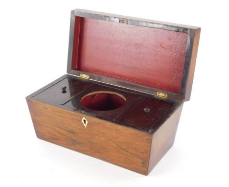 A 19thC rosewood sarcophagus shaped tea caddy, with part fitted interior 18cm high, 29cm wide, 15cm deep.