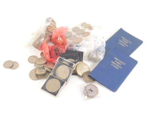 Various coins, decimal, pre decimal, first decimal coin sets, low denomination GB, various commemorative and other crowns, et