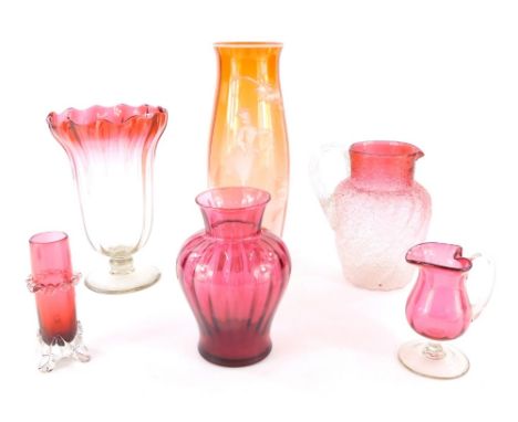 Various cranberry and other glassware, a ruby glass vase of shouldered circular form, 16cm high, various other flash glass va