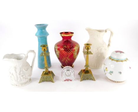 Various china and effects, a pair of brass candlesticks, ruby glass vase, Parian style jug, 28cm high, another smaller, Augus