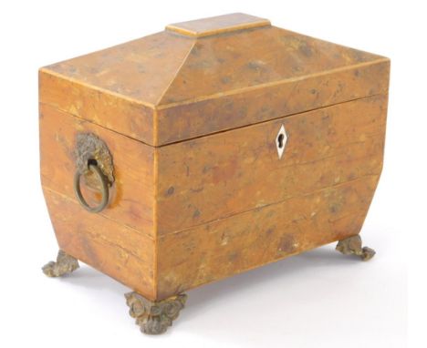 An early 19thC burr elm sarcophagus shaped tea caddy, with mounts and part fitted interior, 17cm high, 19cm wide, 12cm deep. 