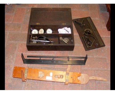 A box of engineering tools, together with an Architect's good quality gunmetal ruler in case 