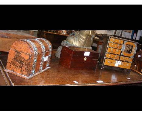 A 19th century dome top stationery box, together with Chinese jewellery box and tea caddy - some filled with costume jeweller