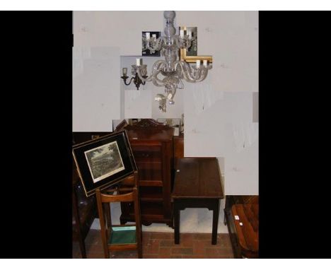 An oak stick stand, oak table, music cabinet, serving tray, together with a chandelier  