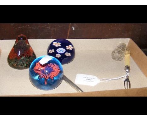 Two Caithness paperweights, perfume bottle, etc. 