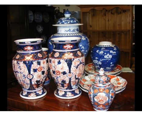 A pair of Imari style vases, together with other oriental ceramic ware CONDITION REPORTCRACK TO SIDE, CHIP TO LID AS PER IMAG