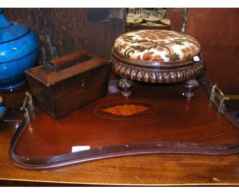 A two handled serving tray, together with footstool and tea caddy 