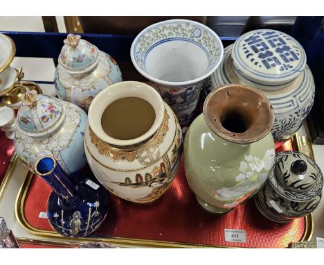 BLUE &amp; WHITE LIDDED GINGER JAR, CHINESE VASE, PAIR OF LIDDED AUSTRIAN STYLE VASES, COLOURED GLASS VASE, CLOISONNE STYLE V