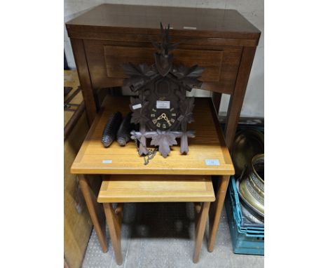 MAHOGANY CASED SEWING MACHINE CABINET, TEAK NEST OF 2 TABLES, BLACK FOREST STYLE CUCKOO CLOCK&nbsp;