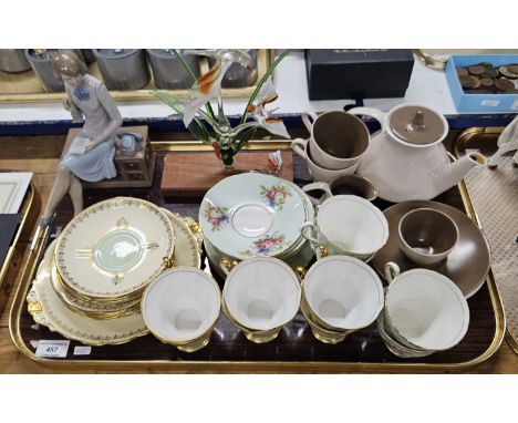 TRAY CONTAINING 3 PART TEA SETS, ROSLYN &amp; SALISBURY AND POOLE, NAO SECRETARY ORNAMENT, GLASS BIRD ORNAMNET   Condition