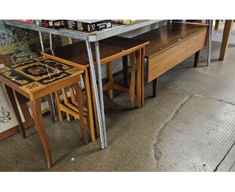 TEAK MID CENTURY COFFEE TABLE, TEAK NEST OF 3 TEA TABLES, MUSICAL SEWING TABLE&nbsp;