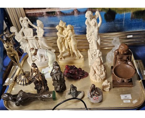 TRAY CONTAINING VARIOUS FIGURINE MODELS, 3 GRACES, BRONZE STYLE FIGURINES, RESIN BUDDHA'S,&nbsp;