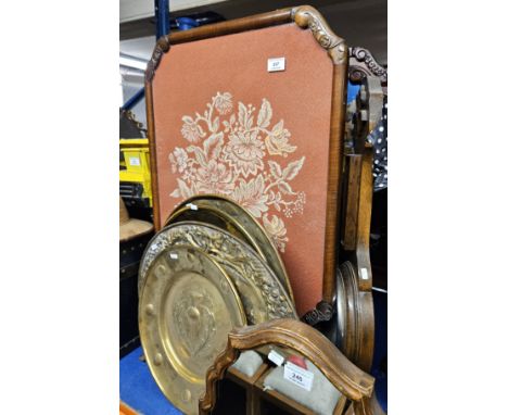 3 MAHOGANY FRAMED SEWING TAPESTRY FIRE SCREENS, OAK FRAMED COMBINATION BAROMETER/THERMOMETER, 4 BRASS ORNAMENTAL DISPLAY PLAT