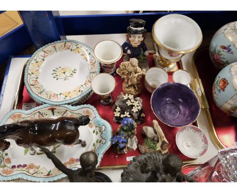 TRAY CONTAINING AINSLEY HAND-PAINTED FRUIT SET, GEORGIAN TEACUP, SHELLEY BOWL, STAFFORDSHIRE STYLE POTTERY FIGURE, RARE WILD 